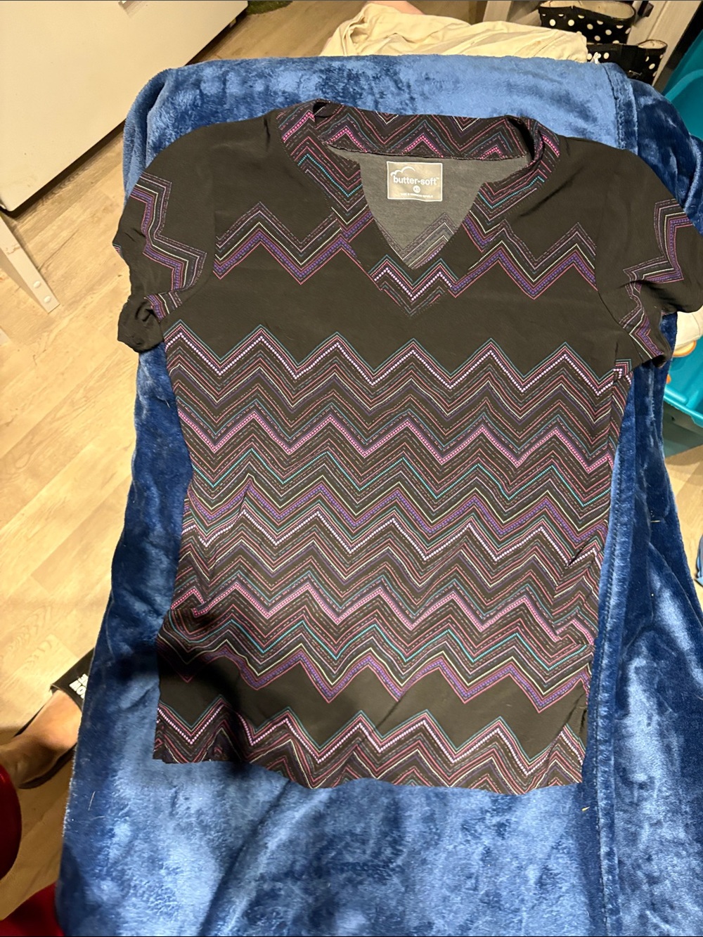 Butter-Soft Black V-Neck Tee with Purple Chevron Pattern